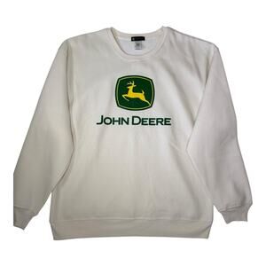 John Deere Sweatshirt Men’s XL Cream White Crewneck Pullover Logo Vintage Farm